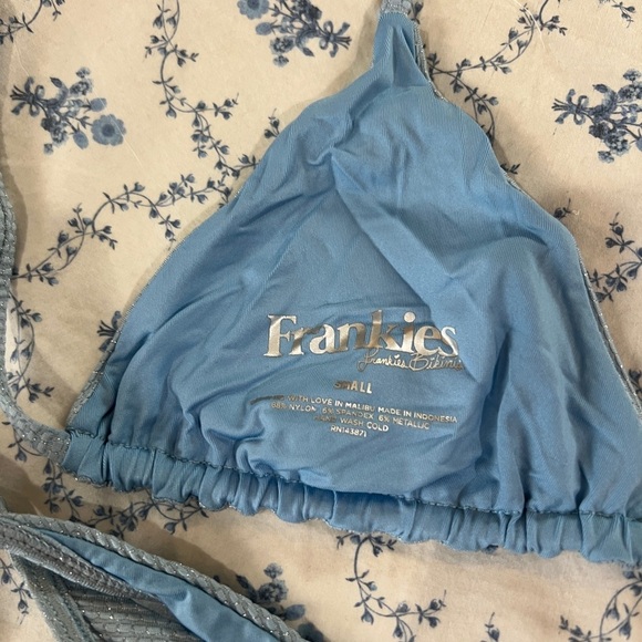 Frankie’s Bikinis Blue Textured Bikini Set Small | Triangle Top Tie Side Bottoms - Picture 3 of 5